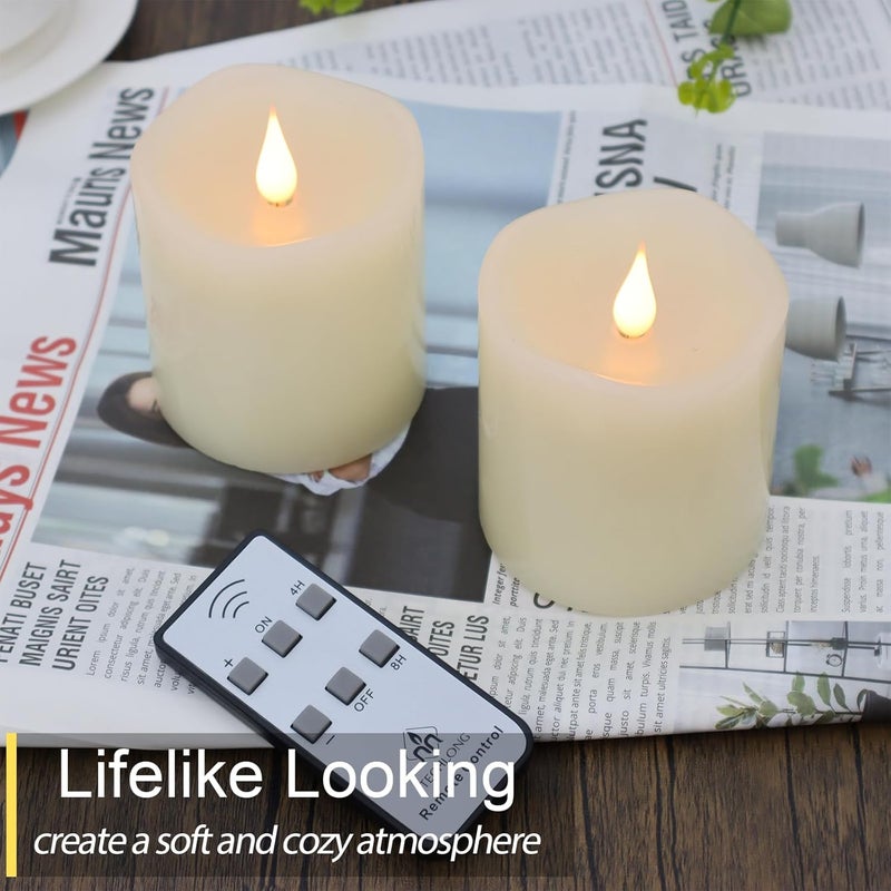 TECHLONG Flameless Candles Battery Operated with Remote Timer, 3D Moving Flame Flickering, Last 600+ Hours Battery Candles, 3" x 3" Ivory Real Wax Electric LED Candle for Wedding Party, Set of 2 - Image 3